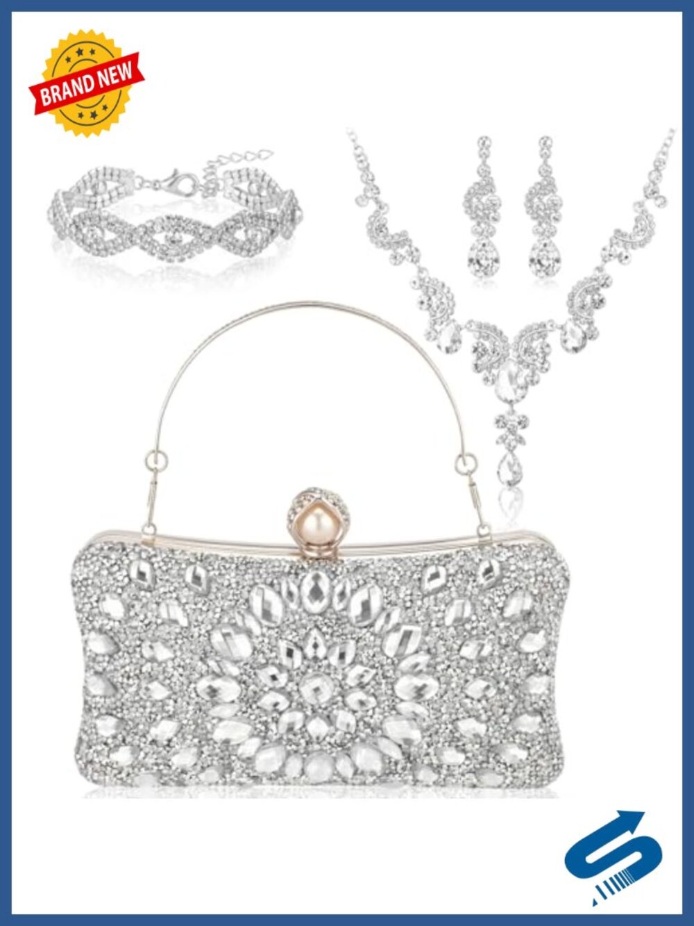 Rhinestone Clutch Purse Jewelry Set Necklace Bracelet Earrings 4 Pc Formal